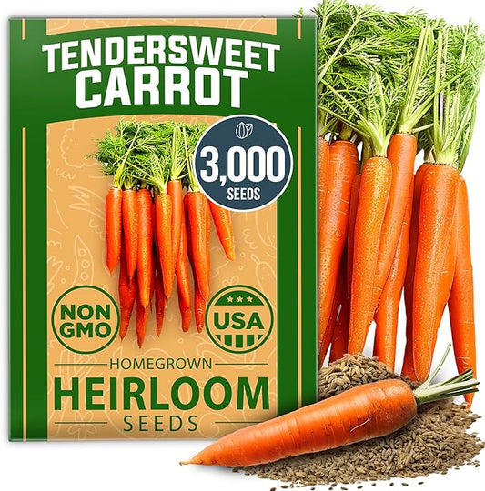 HOME GROWN Tendersweet Carrots Seeds 3000+ Heirloom Non-GMO Seeds for Planting,High Germination,Sweetest Coreless Root Vegetable, Crunchy Summer Garden,Great for Canning (Daucus carota subsp. sativus)