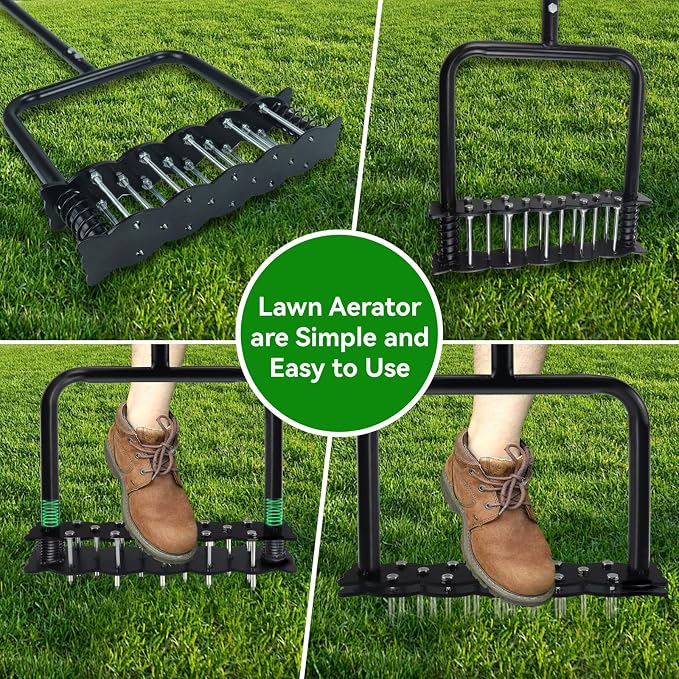 Lawn Aerator -Aerator Lawn Tool with 14 Iron Spikes, Automatic Dirt and Leaf Clean with Spring-Loaded Design, Height Adjustable Metal Manual Aerator, Soil Loosening, Yard Aerating, Garden Tool
