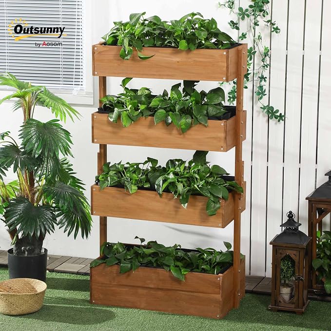Outsunny Vertical 4 Tier Raised Garden Bed, Wooden Planter Box, Self-Draining with Bed Liner for Indoor Outdoor Flowers, Vegetables and Herbs, Orange