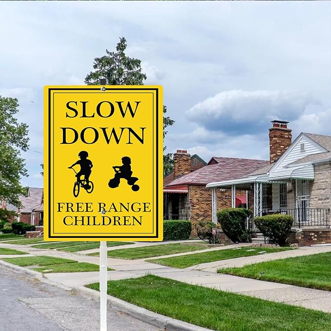 Slow Down Kids At Play Safety Signs for Street with Stake Free Range Children Playing Sign Rustproof Reflective Aluminum Caution Drive Slowly for Yard Driveway Neighborhoods