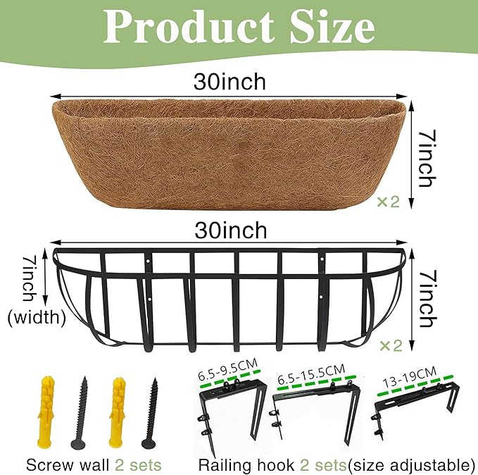 EIMQUVW 30 Inch Railing Planter Window Box Deck Balcony Rail Planter with Coco Liner Metal Wall-Mounted Coconut Liner Basket English Horse Trough for Outdoor Balcony Porch Fence Patio (2 Pack)
