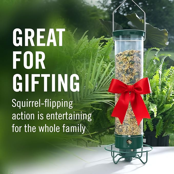 Droll Yankees Squirrel Proof Bird Feeder for Outdoors – Rechargeable Weight-Activated Rotating Perch, 5lb Seed Capacity, Metal Base, UV-Stabilized Seed Tube, Hanging Green Yankee Flipper, YF-M