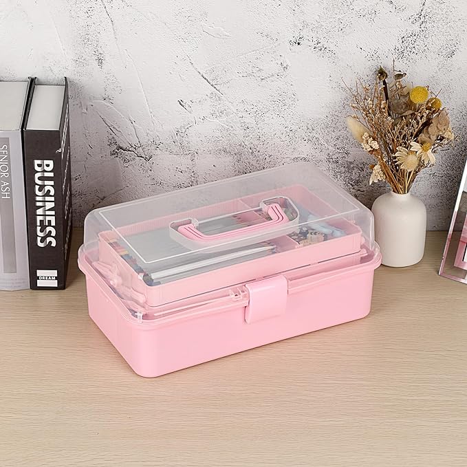 BTSKY 3-Layer Plastic Dividing Storage Box Craft Organizer and Storage with Adjustable Spacers Portable Handled Art Supply Organizer Multipurpose Home Utility Box Organizer (Pink)