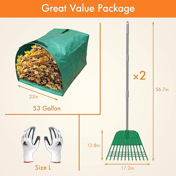 Gardzen 12 Tines Gardening Leaf Rake, Lightweight Steel Handle, Detachable, Ideal Camp Rake, Comes with Dustpan-Type Garden Bag, 2 Pack