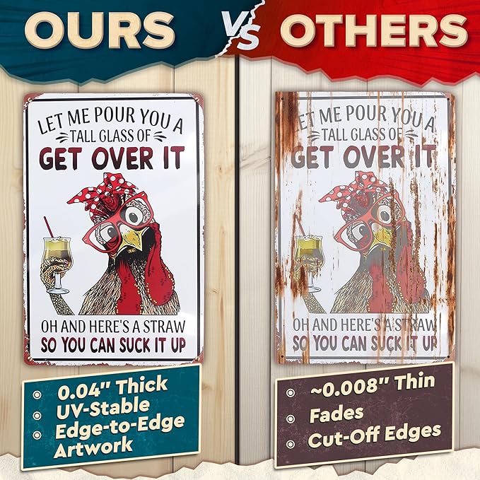 Let Me Pour You a Tall Glass of Get Over It Tin Sign 8x12" – Metal Signs for Outside – Rustic Tin Farmhouse Wall Art & Vintage Funny Kitchen Signs for Kitchen, Barn, or Yard | Chicken Coop Accessories
