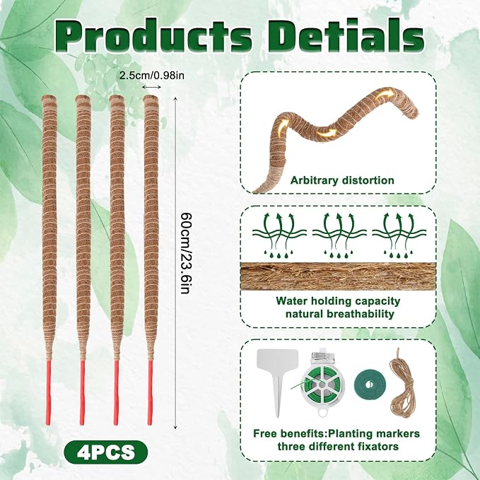 4 Pcs Bendable Moss Pole for Monstera Plant Support, 24” Natural Handmade Coir Pole Stick for Climbing Plants Indoor Plant Stakes Real Moss Poles for Potted Plants to Grow Upwards