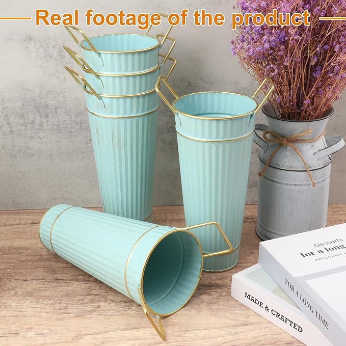 10 PCS 9 Inch Tall Galvanized Flower Buckets, Metal Flower Vase, Rustic Farmhouse French Flower Buckets with Handles for Wedding, Home Décor(Blue)