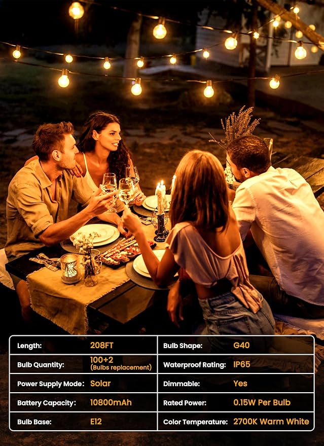 Brightown 208FT 102LED Solar String Lights Outdoor with Remote & USB Port, Shatterproof Bulbs, Dimmable & Timable, 3 Modes, Patio Lights with Mount Clips for Backyard Garden Decor - Last for 40+Hrs