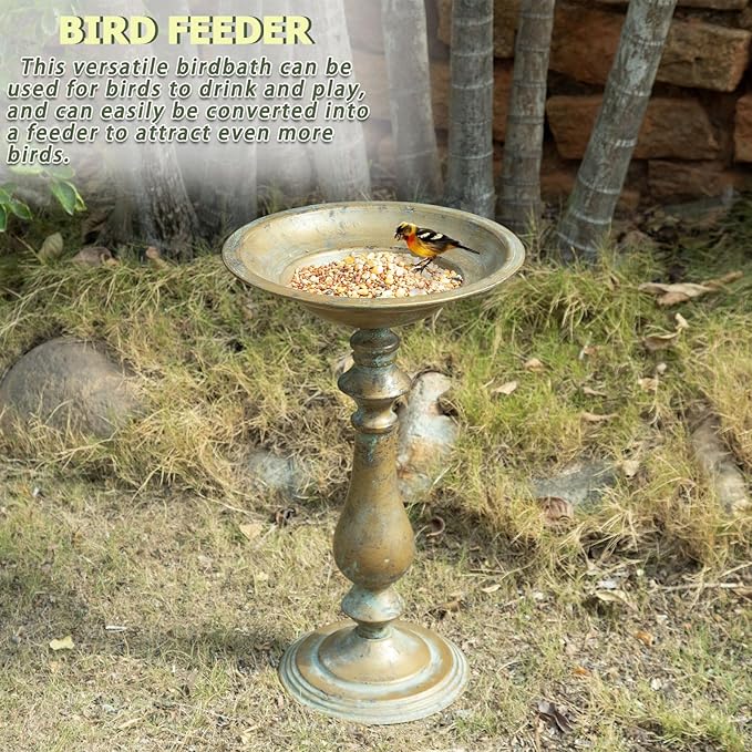 19”H Antique Pedestal Bird Bath, Bird Baths for Outdoors, Hand-Crafted Metal Bird Bath Bird Feeder Seed Tray for Garden Yard Decor.