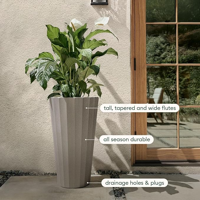 Veradek Column Series 26" Tall Outdoor Planter for Porch & Patio | Durable Plastic-Stone Material w/Shelf | Modern Décor for Plants & Flowers