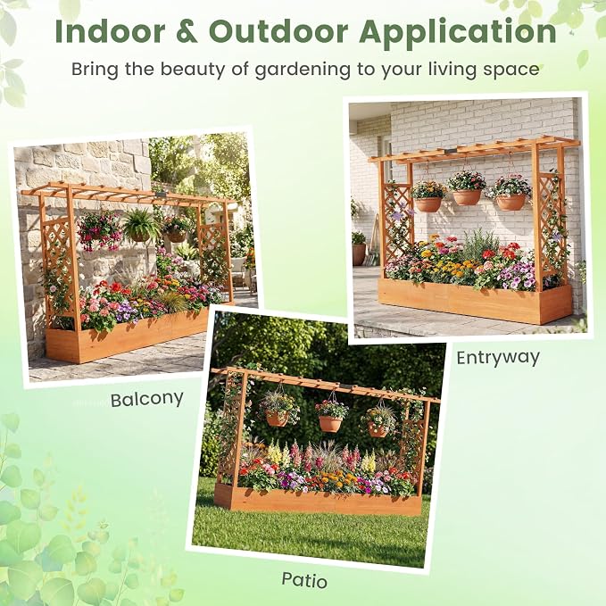 Giantex Wooden Raised Garden Bed with Trellis & Hanging Roof, 2 Pack Fir Wood Planter Box, 45” Freestanding Elevated Garden Bed for Outdoor Climbing Plants Vegetables Flowers, Patio & Balcony, Orange