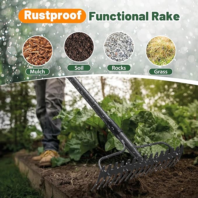 Rake, 17 Tines with 49 Inch Handle, 17 Inch Wide Heavy Duty Garden Thatch Leaf Rake for Raking Leaf Loosening Soil Gathering Mulch Leveling Rocks, Rustproof Metal Bow Rakes for Leaves Grass
