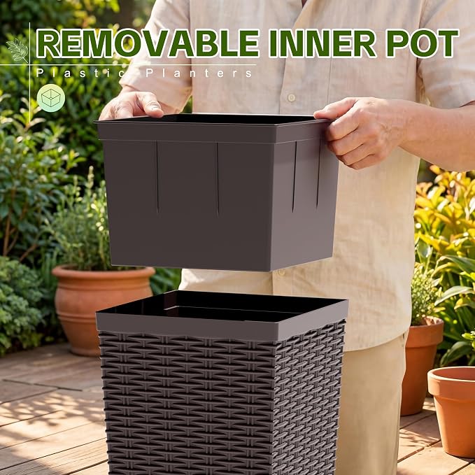 Devoko Resin Tall Planters for Outdoor Plants Set of 2, Large Taper Outdoor Planter Pots with 4 Drainage Holes, Flower Pots Modern Decor for Porch, Patio, Backyard, Garden(Brown, 30''with Trays)