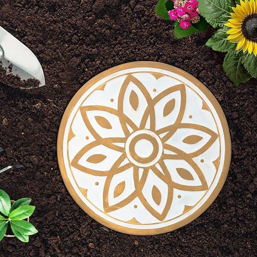 2 Pack Geometric Stepping Stones, 10” Round Cement Garden Path Stones, Mandala Mosaic Tile Design for Outdoor Patio Decor, Non-Slip & Weather-Resistant (Beige)