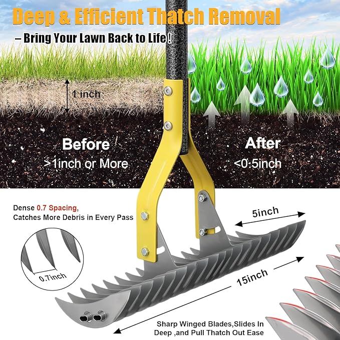 Heavy Duty Thatch Rake for Lawns -15" Dual-Action Dethatcher Thatching Rake with Sharp Blade for Dead Grass Removal,Soil Loosening,Lawn Dethatching,70" Manual Thatcher for Yard,Garden, Lawn