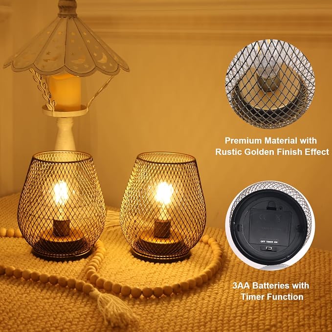 Set of 2 Battery Operated Lamp LED Table Lantern, Golden Metal Cage Cordless Lamps with LED Bulb，Vintage Decorative Outdoor Lantern for Weddings, Parties, Patio, Events for Indoor Shelf Decor