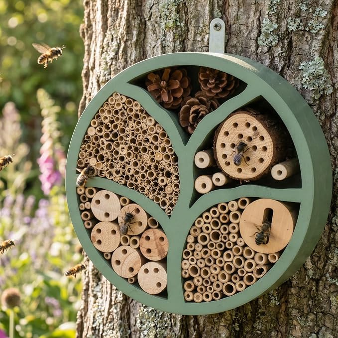 Topadorn Tree of Life Wooden Insect Hotel, 11.5" Multi-Habitat Bee House for Pollinators, Outdoor Garden Decor