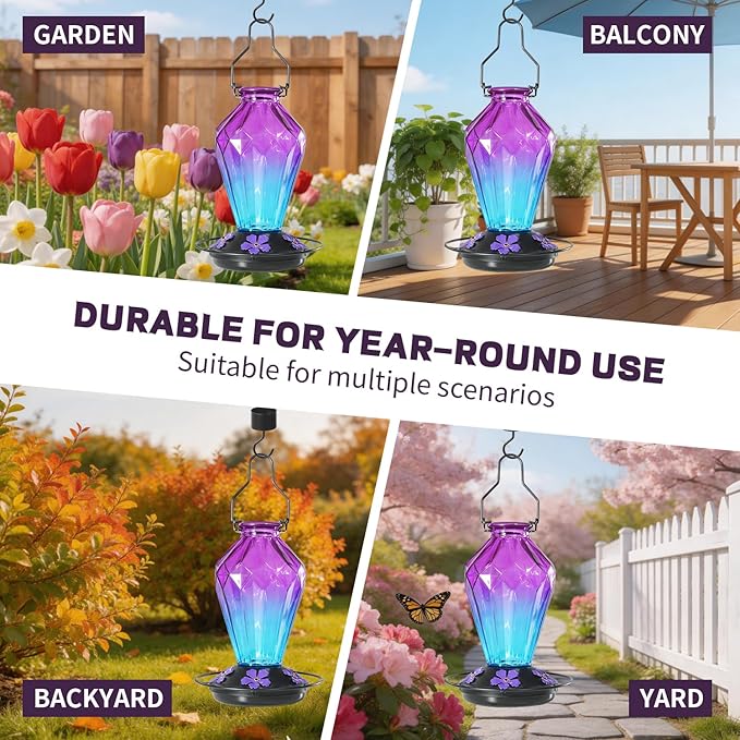 2 Pack Glass Hummingbird Feeder for Outdoors Hanging, 25Oz Humming Bird Nectar Feeder, Perch, 5 Flower Feeding Ports, Leak Proof Base, Hook for Outside Garden Backyard, Diamond Purple