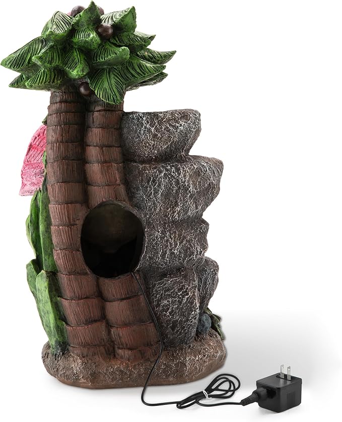 Glitzhome Outdoor Water Fountain, 4-Tiered Flamingo Outdoor Fountain with Lights, 23.5" H Polyresin Decorative Waterfall Feature Garden Fountain with Pump for Garden, Patio, Yard, Deck, Porch Decor