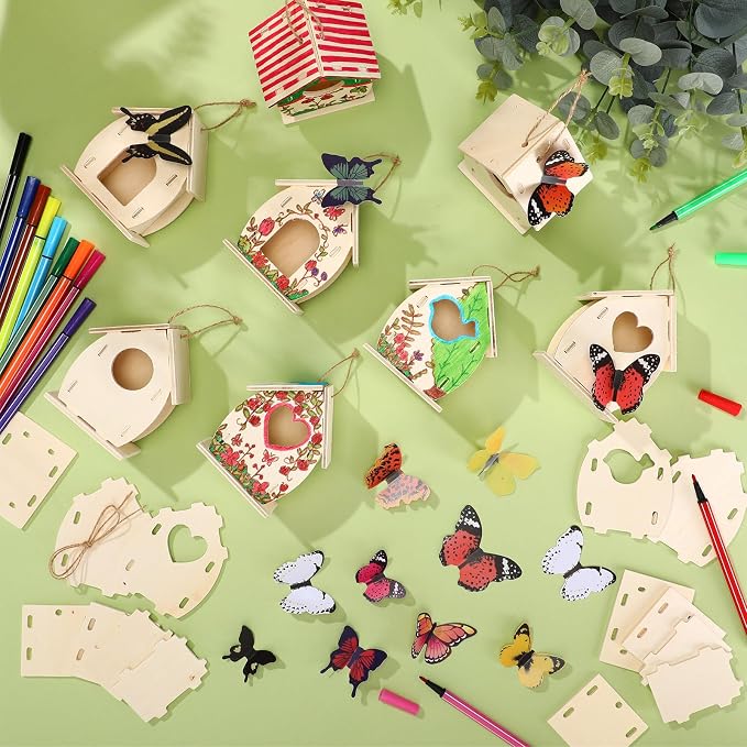 Outus 24 Pcs Wooden DIY Birdhouse Kits for Kids to Build, 4 Shapes Birdhouse Kit Wooden Unfinished with Butterfly Sticker for Boy Girl Arts Crafts(Cute)