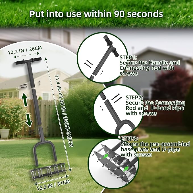 11-Spike Lawn Aerator, Heavy Duty Steel Manual Aeration Tool for Yard | Anti-Clog Design, 12.2”x6” Wide Pre-Assembled Base, Heavy Duty Steel Lawn Aeration Tool for Yard Lawn Soil Aeration