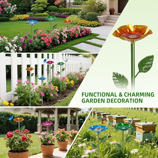 1 Pack Bee Watering Station for Garden, Colorful Metal Flower Bee Bath, Decorative Design Attracts Bees & Butterflies, Easy Install Durable Outdoor Yard Decor