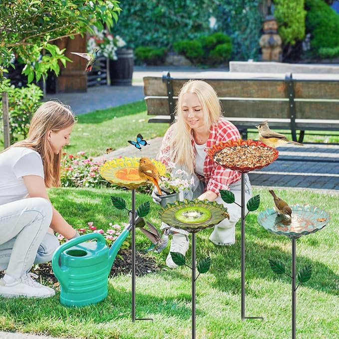 4PCS Flower Bird Baths for Outside, 5.9" Metal Hummingbird Bath with Adjustable Stake, Colorful Garden Birdbath Decor Set for Outdoors Yard Lawn Patio(4PCS Sunflower)