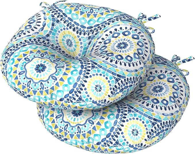DYTXIII Set of 2 Outdoor Round Chair Cushions 15"x15"x4" with Ties, Water Repellent Tufted Bistro Seat Cushions, Thick Patio Chair Pads for Bar Stool, Garden & Dining Furniture - Blue Lagoon