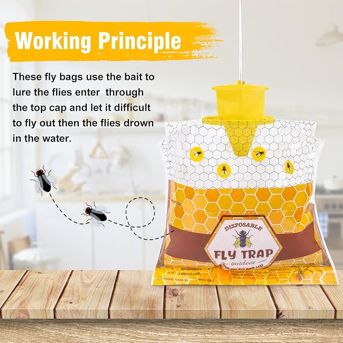 8 Pack Fly Traps Outdoor Hanging for Patio, Flies Bags Outdoor Disposable with 30g Bait, Bug Fly Hunter Catcher Killer Control for Barn Horse Ranch Chicken Coop