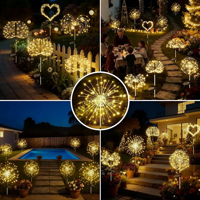 btfarm 1 Pack Solar Garden Lights Outdoor, 8 Modes Firework Lights Solar Powered, Waterproof Twinkle Fairy Light Outside for Yard Patio Pathway Pool Christmas Party Decorative, Warm White
