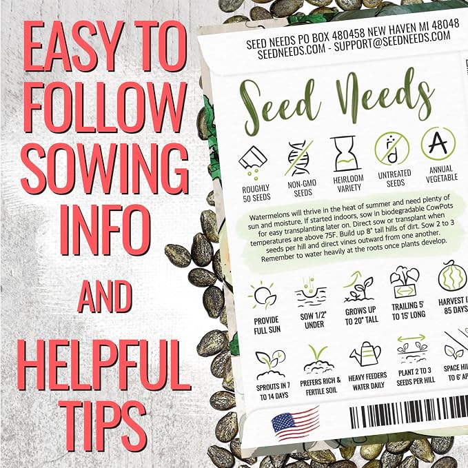 Seed Needs Watermelon Seeds for Planting Sugar Baby Watermelons - Non-GMO Heirloom & Untreated - Grow an Outdoor Home Grown Garden Filled with Sweet Fruits (1 Pack)