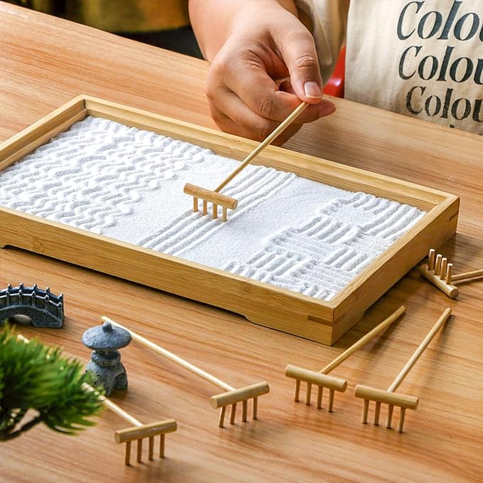 Zen Garden Mini Bamboon Rake - 6PCS Tabletop Rock Sand Garden Tools Accessories Small Sandbox Kits Japanese Zen Gift for Birthday