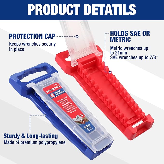 WORKPRO 2-Piece Wrench Organizer, 24-Slot Plastic Wrench Holder Set with Lock Cover, Metric & SAE Compatibility (Up to 19mm or 7/8), Premium Quality Tool Trays with Carrying Handle