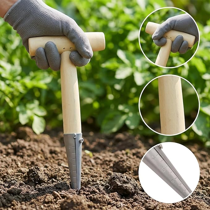 T-Shaped Garden Seed Dibber with Depth Measurements - Stainless Steel Bulb Planter Tool with Wooden Handle for Planting Seeds, Bulbs, Tulips, Daffodils & Flowers, Perfect Gardening Hole Digger
