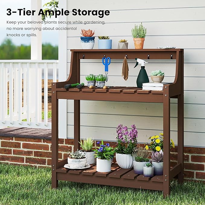 Garden Potting Bench for Outside, HDPE Outdoor Potting Table with Storage Shelves & Tool Hooks, All Weather Planting Workstation for Patio Backyard Garden (Brown)
