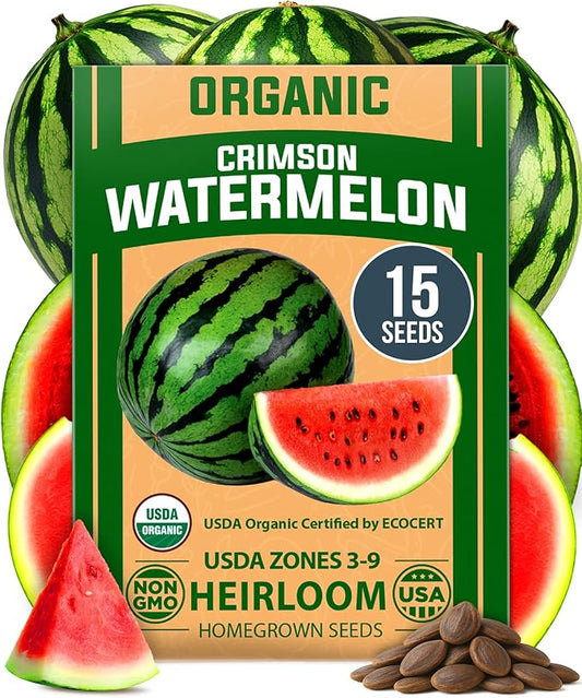 HOME GROWN Organic Crimson Sweet Watermelon Seeds 15+ Heirloom Non-GMO, High Germination, Honey Sweet Summer Fruit, Striped Skin, Home Garden & Raised Beds, High Sugar Content (Citrullus lanatus)