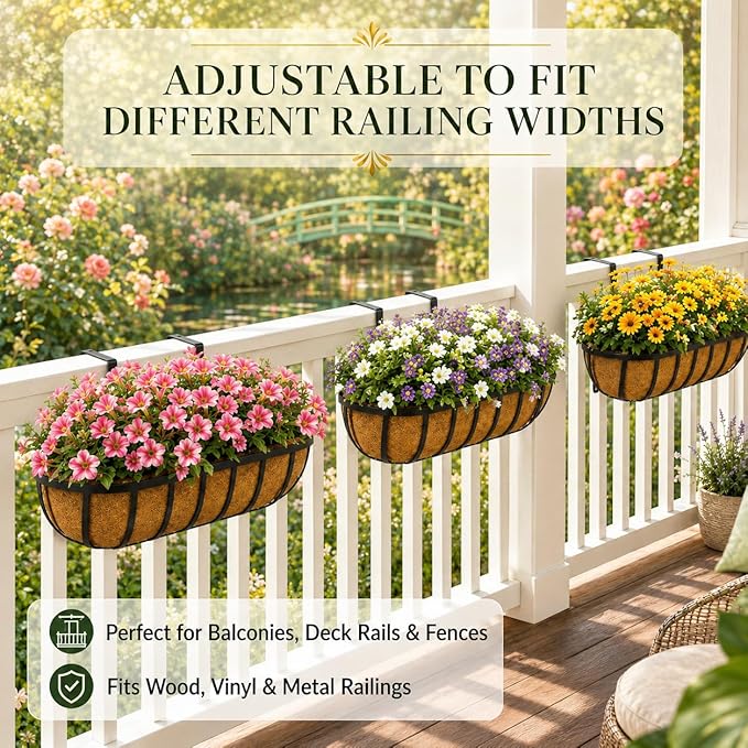 Railing Planter Boxes 30 Inch 4 Pack, 2-in-1 Heavy Duty Adjustable Hanging Window Box Planters with Coco Liners and Support Rods for Deck, Porch, Patio, Outdoor Garden