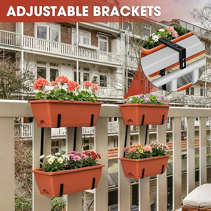Rectangle Planters Box, 4 Pack Deck Hanging Planters for Railings, Window Box Planter with Drainage Holes & Trays, 16.9 Inch Balcony Planters Railing Hanging with Metal Brackets, Red