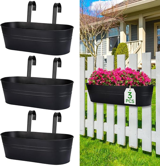 OGIMA Railing Planter Box, 3 Pack 16" Large Hanging Planters for Outdoor Plants with Detachable Wide Hooks for 2.7'' Railings, Balcony Planters Railing Hanging for Deck, Fence & Patio Decor