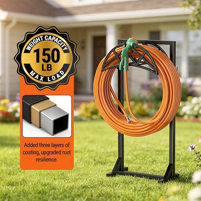 2 Pack Garden Hose Holder, Heavy-Duty Metal Stand with Stable Base & 2 Tool Hooks, Freestanding Storage Rack for Outside, Holds 150ft – Hose Holders for Yard & Lawn