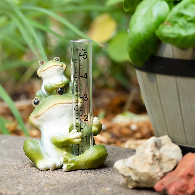 La Crosse 704-4114 5 in. Table Standing Polyresin Frog Rain Gauge