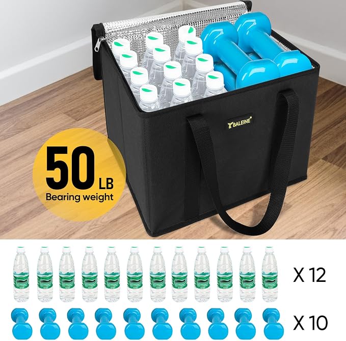 BALEINE 1Pk Insulated Reusable Grocery Bags, Foldable Shopping Bags for Groceries with Reinforced Bottom & Handles (Black)