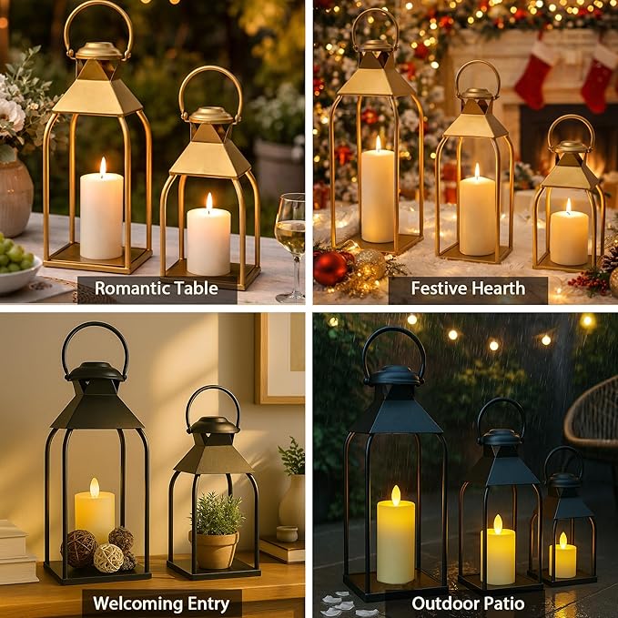 Decorative Metal Lanterns Indoor Outdoor, Candle Holder for Porch, Patio, Fireplace, Floor, Wedding, Christmas, Fall, Holiday, Farmhouse Table Centerpiece (Antique Gold, Set of 3 20" 15.7" 12")