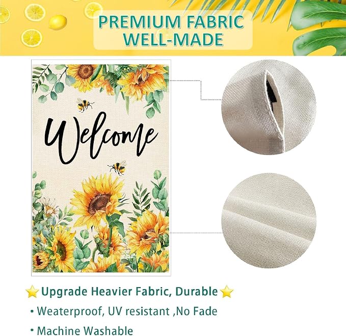 Baccessor Sunflower Garden Flag Spring SummerBee Eucalyptus Leaves Welcome Flag 12.5 x 18 Inch Double Sided Burlap Yard Small Flag for Outside Decor