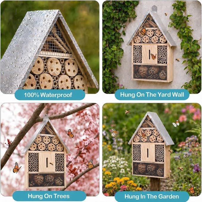 Wooden Mason Insect Bee Butterfly House,Insect Hotel,an Outdoor Hanging Bamboo Habitat for Bee Butterfly Ladybugs Live,Bee Box,Butterfly Habitat for Garden,9 x 15.7 x 2.5 Inch