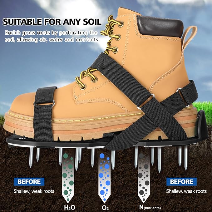 MOFEEZ Lawn Aerator Shoes for Grass - Pre-Assembled Grass Aerator Shoes for Lawn - Soil Yard Aerator Tool for Aerating Patio Garden, Black, Medium