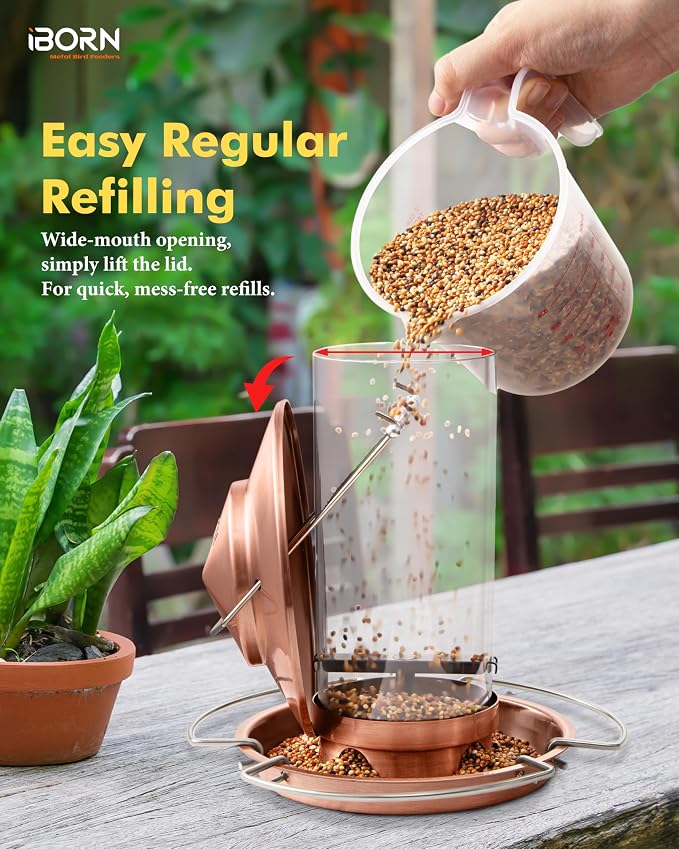 iBorn Bird Feeder Metal Squirrel Chew-Proof Bird Feeders for Outdoors Hanging Outside for Cardinal, Holds 1.32LB Seed with 3 Perchs, Brushed Copper (Seed is not Included)