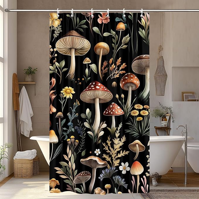 Vintage Mushroom Shower Curtain, Witchy Aesthetic Black Boho Floral Retro Botanical Shower Curtain Set, Fairy Dark Wildflower Plant Decorative Farmhouse Bathroom Accessories Curtain with Hook 36X72IN