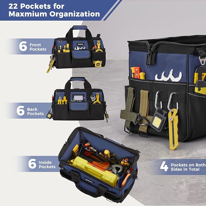 18-Inch Heavy Duty Tool Bag, 22 Pockets Empty Tool Box Organizer Storage, Soft Tote Toolbox Organization Portable Handle Carrying Work Toolbag, Father Day Gifts Men Electrician Mechanic, Blue