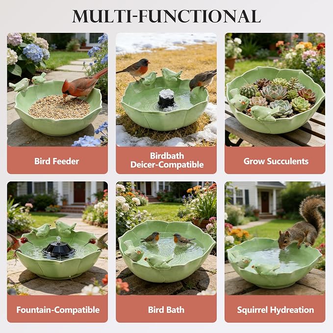 Ceramic Bird Bath for Outdoors, 10.1” Glazed Ceramic Bird Baths Bowls and Feeders for Outside, UV/Frost-Resistant Finish Ground Garden Table Top Bird Baths Decor for Patio Yard Home Green